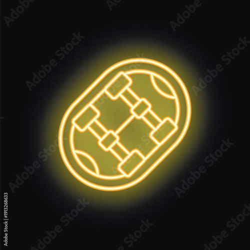 Neon yellow icon of a backpack glowing on dark background, concept of travel, adventure, and exploration