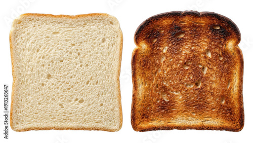 Contrast of a Slice of Untoasted White Bread and an Overly Toasted Slice