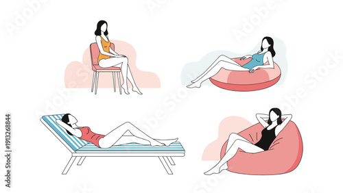 Collection of women in swimsuits relaxing in various positions like sitting on chairs or bean bags for summer vibes.