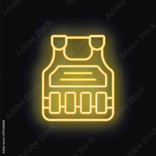 Yellow neon sign bulletproof vest icon glowing on black background