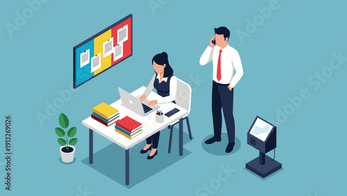 Two professional colleagues working together in a shared office environment with computers and organizational tools.