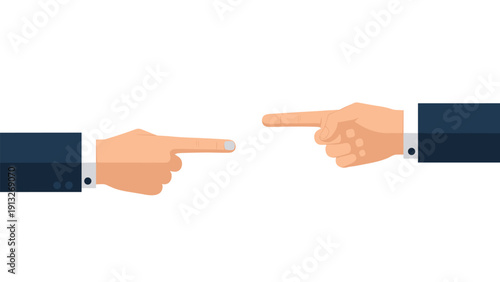 Illustration of two human hands in business suits with fingers pointing at each other against a plain white background.