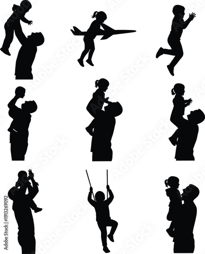 Collection of silhouettes depicting fathers and children engaged in playful activities together