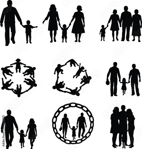 Diverse family silhouette compositions showing connection unity and togetherness in various poses