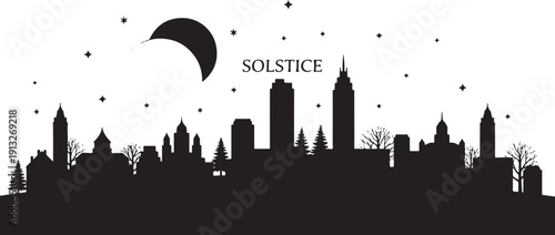 Black silhouette cityscape with crescent moon and stars skyline night