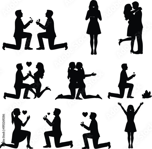 Diverse silhouette poses depicting marriage proposals and romantic embraces with celebratory gestures