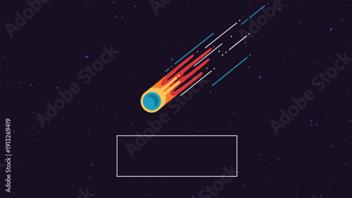 Bright yellow and orange comet with a long tail flying through the dark starry outer space with a blank text box.