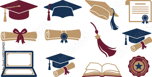 Graduation themed flat vector elements with 10 burgundy navy tan traditional cap side tilted tassel diploma ribbon seal certificate case scroll book medallion academic