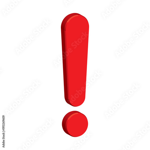 3D Red Exclamation Mark Vector. Isometric Warning Symbol Isolated on White Background. Alert Icon for Error 404, Danger, Stop Sign, Problem, and Urgent Notification. Bold Cartoon Punctuation Design.