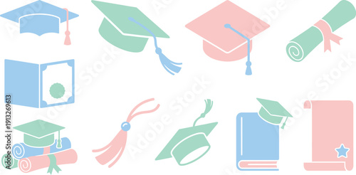 Graduation flat vector icons with 10 soft pastel light blue mint green pale pink mortarboard cap tilted above view diploma ribbon seal stack tassel tossing book scroll star