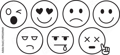 A collection of seven different outline emojis display various facial expressions and emotions