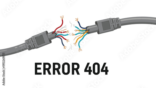 Broken ethernet cable connection with exposed wires symbolizes technical failure or error 404 message for internet connectivity issues.