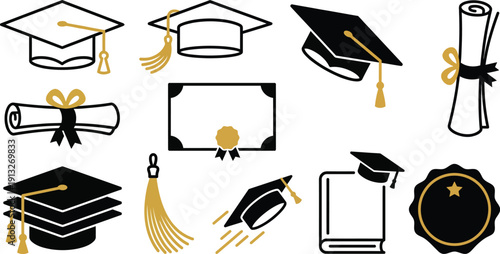 Clean modern graduation flat vector elements with 10 high contrast black white gold line art cap tassel tilted diploma ribbon scroll stack tossing book academic seal star