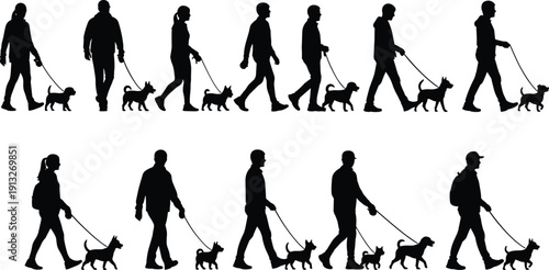 Vector illustration of people walking dogs in silhouette style, diverse human and pet interactions, lifestyle design, outdoor activity, animal companionship
