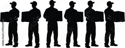Vector illustration of six identical silhouettes wearing caps holding boxes, symbolizing delivery service, logistics, manual labor, uniformity, and teamwork concepts