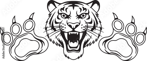 A fierce roaring tiger head with open jaws and sharp teeth positioned between two powerful paw prints