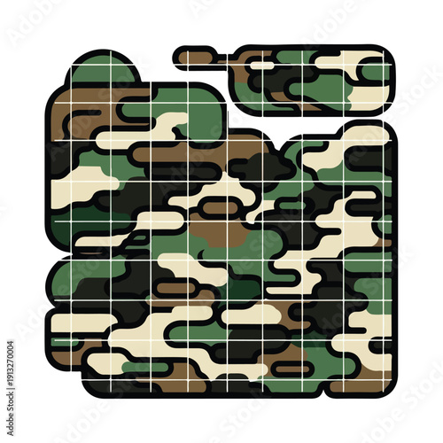 Camo pattern illustration showcasing green, brown, and beige shapes in a grid-like camouflage design from a direct viewpoint.