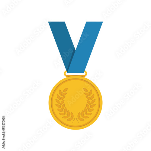 A golden medal with a blue ribbon symbolizing achievement and victory