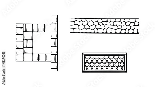 CAD Texture Drawings, stone wall  top and side view patterns, Stone, Gravel, and Pebble Section Pattern Outline Vector for Architectural Material Design
