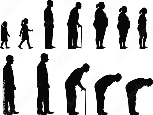 Vector illustration showing stages of human life and aging with silhouettes of men and women progressing from youth to elderly posture changes
