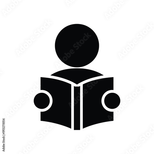 Simple black icon depicting a person engrossed in reading a book