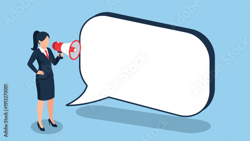 Businesswoman with a ponytail uses a red megaphone next to a large blank speech bubble for custom announcements and marketing messages.