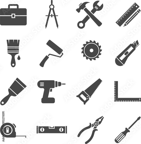 Set of black and white tools icons flat vector illustration isolated on gray background