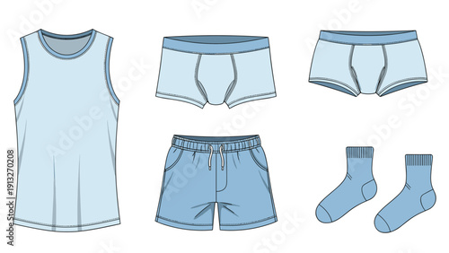 Collection of men's undergarments including a light blue tank top, boxers, briefs, shorts, and matching socks on a white background.