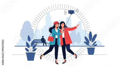 Two female friends smile while taking a selfie with a smartphone and a selfie stick in a city park with buildings in the distance.