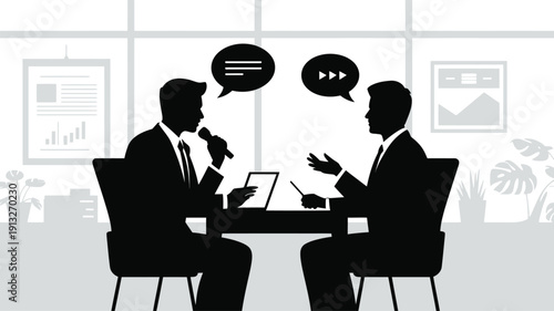 Business conversation with speech bubbles and charts