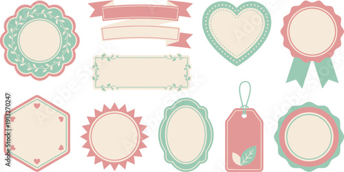 Feminine badge and label elements with 10 soft pastel blush pink mint green cream scalloped circle floral vine ribbon banner heart medallion seal rectangular hexagonal sunburst oval tag
