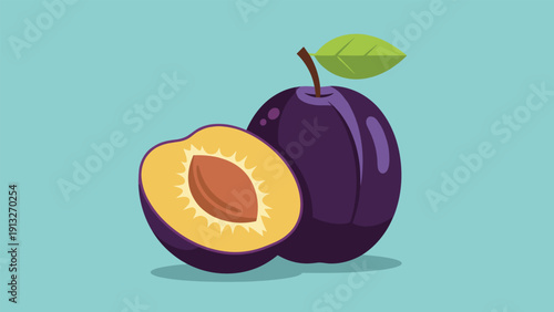 Ripe purple plum shown whole and cut in half to reveal the yellow flesh and stone pit against a solid light blue background.