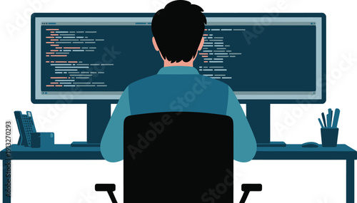 Coder working on computer with multiple monitors programmer