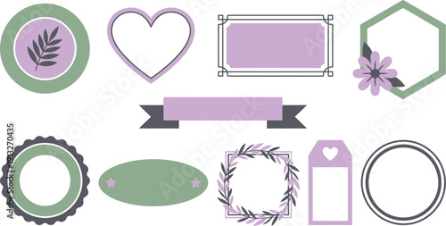 Minimalist geometric floral labels with 10 sage green lavender soft charcoal circular badge botanical leaf heart frame rectangular hexagon flower ribbon banner scalloped oval square wreath tag
