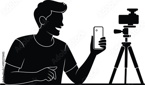 Man filming himself with smartphone and tripod camera