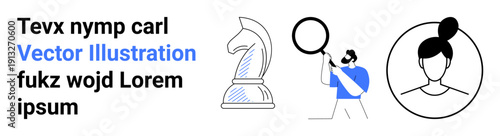 Strategy, decision-making, research and analysis, personal identity, corporate branding, technology. Chess knight, male with magnifying glass female face outline. Strategy and research concept