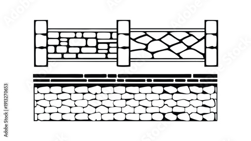 CAD Texture Drawings, stone wall  top and side view patterns, Stone, Gravel, and Pebble Section Pattern Outline Vector for Architectural Material Design
