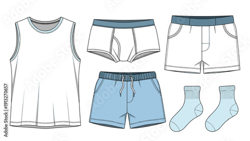 Set of basic men's clothing items including a white tank top, underwear, blue swim shorts, and light blue socks for casual wear.