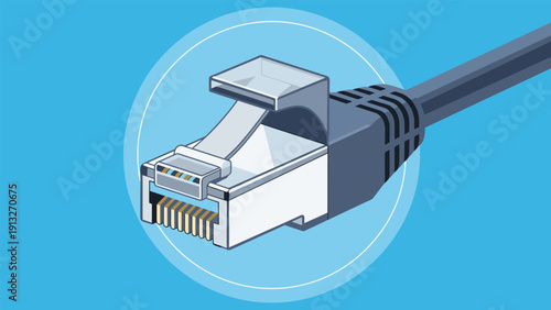 Detailed illustration of an ethernet cable connector plug rj45 commonly used for network connections and high speed internet access.