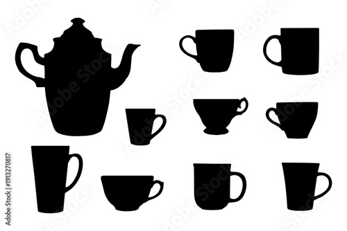Teapot and cups silhouettes. Basis elements on white background