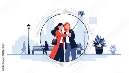 Happy women take a selfie using a stick in a stylized circular frame against a park background with silhouettes and greenery.