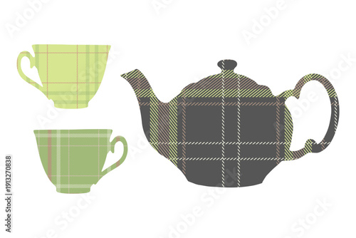 Teapot and cups silhouettes. Buffalo plaid elements set