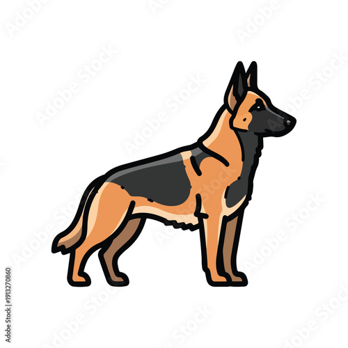 Illustration of a standing German Shepherd dog with a black and tan coat viewed from the side