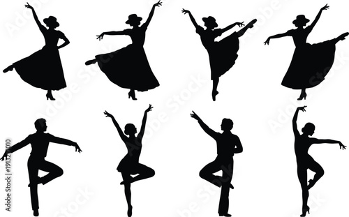 Elegant ballet dancer silhouettes in graceful folk-inspired poses with skirts and hats, showcasing classical artistry, balance, poise, and expressive movement