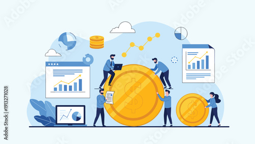 Group of business people work together to manage finances and investments around large gold dollar coins and data charts.