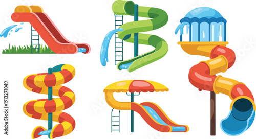 Flat Vector Water Slide Illustration Set Featuring Colorful Aquapark Playground Slides for Kids Summer Fun Isolated on White Background