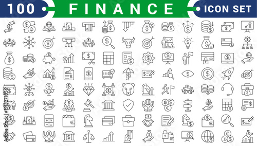 Vector finance editable stroke line icon set with money, bank, check, law, auction, exchance, payment, wallet, deposit, piggy, calculator, web and more isolated outline thin symbol