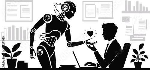 Robot Offering Heart Symbol to Businessman in Office