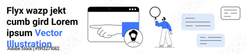Hand pointing at webpage user icon, person holding balloon, and dialogue bubbles. Ideal for communication, networking, teamwork, online profile, interpersonal connections, tutorial simple landing