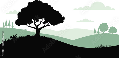 Silhouette landscape with tree and rolling hills nature